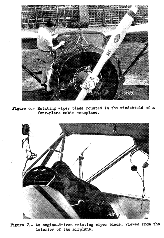 Figure 6. rotating wiper blade mounted in the windshield of a four-place cabin monoplane.
Figure 7. An engine-driven rotating wiper blade, viewed from the interior of the airplane.